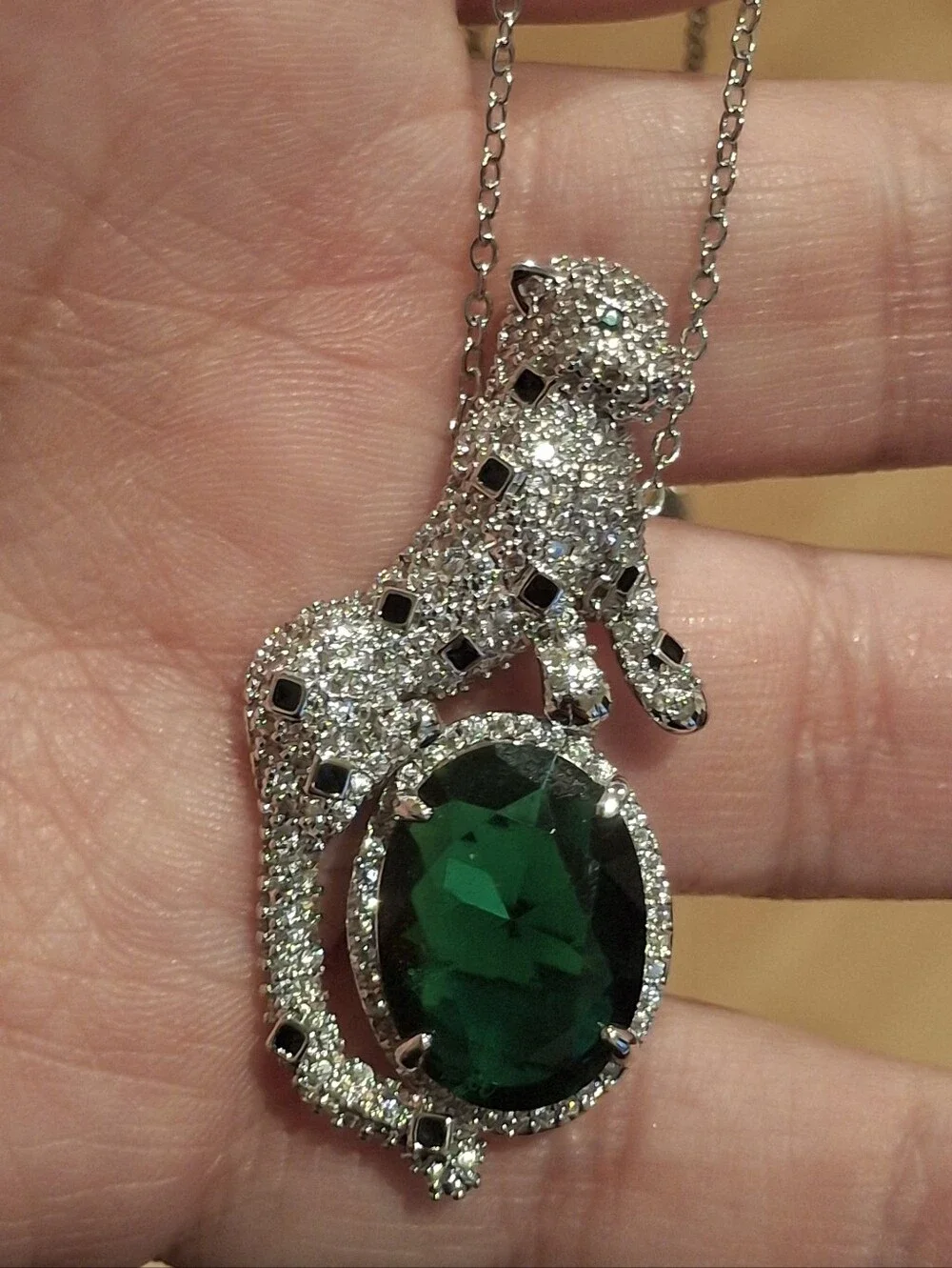Emerald Green Diamond Leopard Charm Necklace